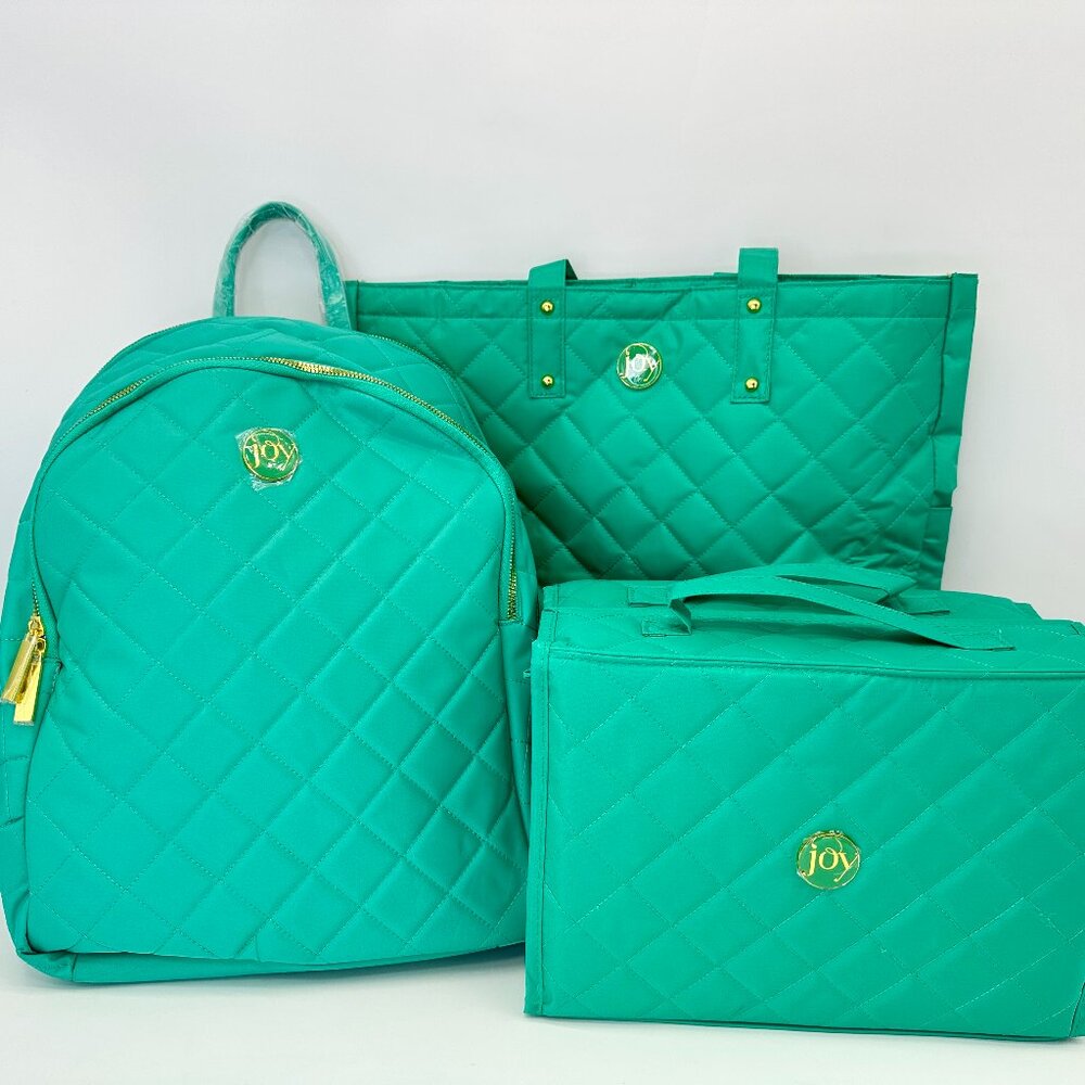 NEW JOY Quilted Teal Travel Set: Tote, Backpack & Organizer Cube